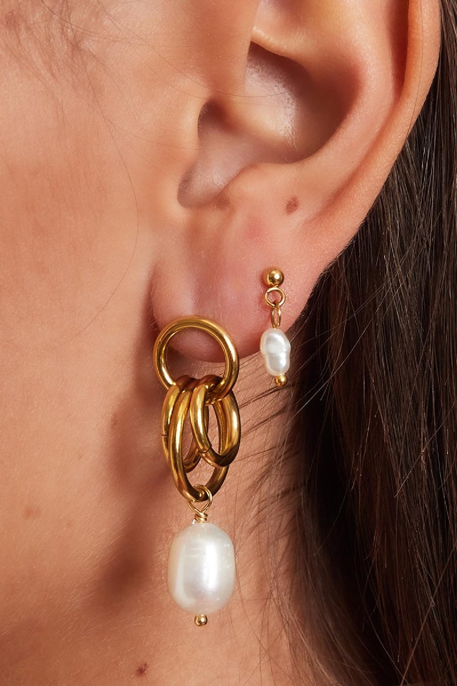Earrings dangling hoops with pearl Silver Color Stainless Steel Picture3